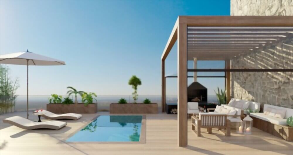 Pergolas en bois sur tarrase bois devant piscine