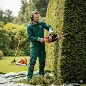 Jardinier professionnel taillant une haie de laurier avec un taille-haie thermique