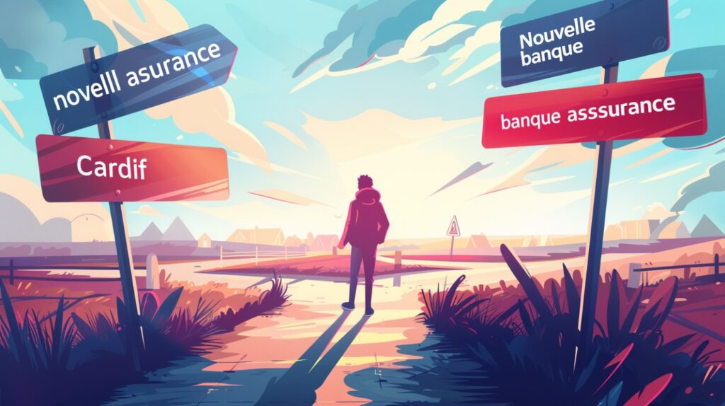Illustration symbolique d’un emprunteur choisissant librement sa nouvelle assurance grâce à la loi Lemoine, représenté à un carrefour de décisions.