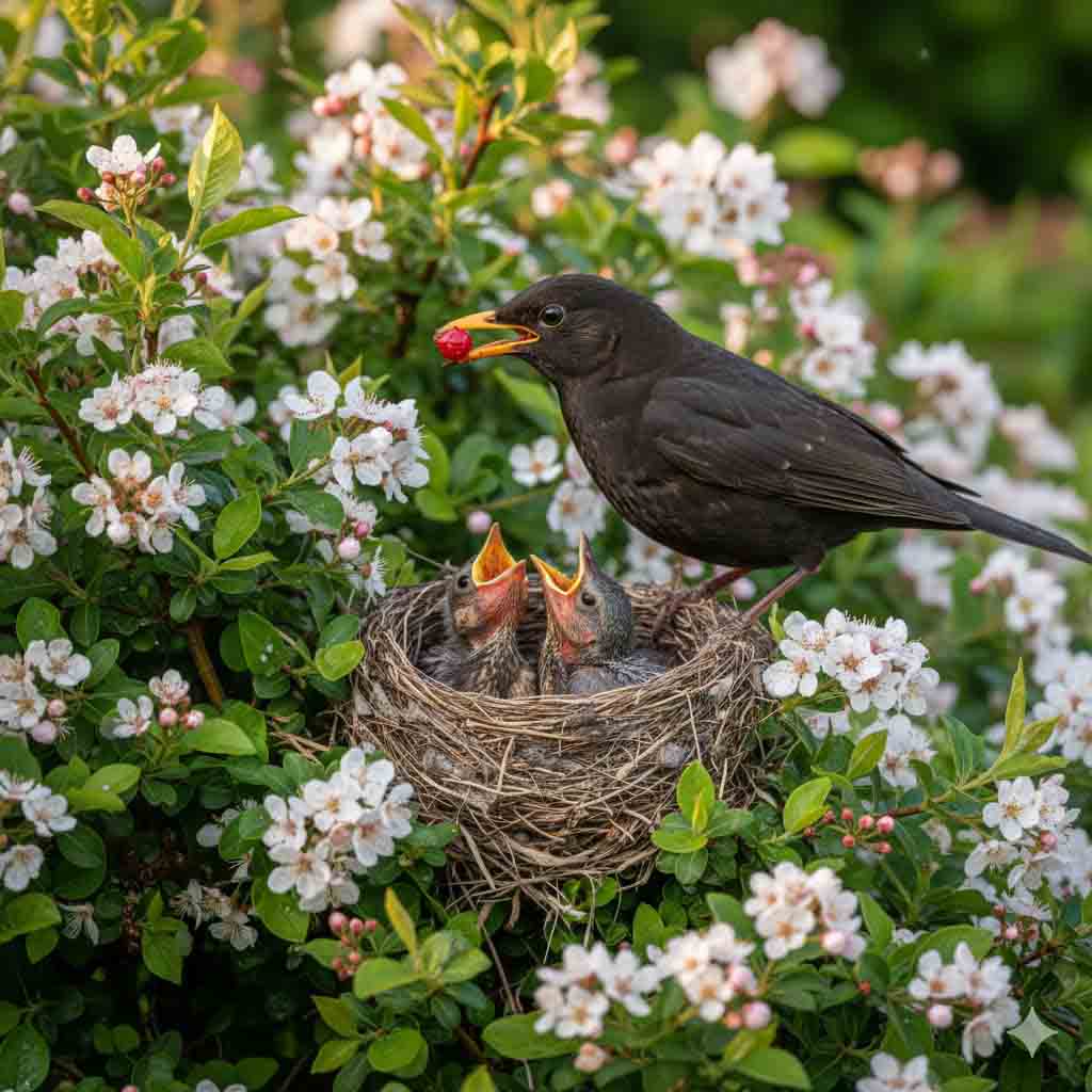 Merle nourrissant ses petits dans une haie fleurie au printemps