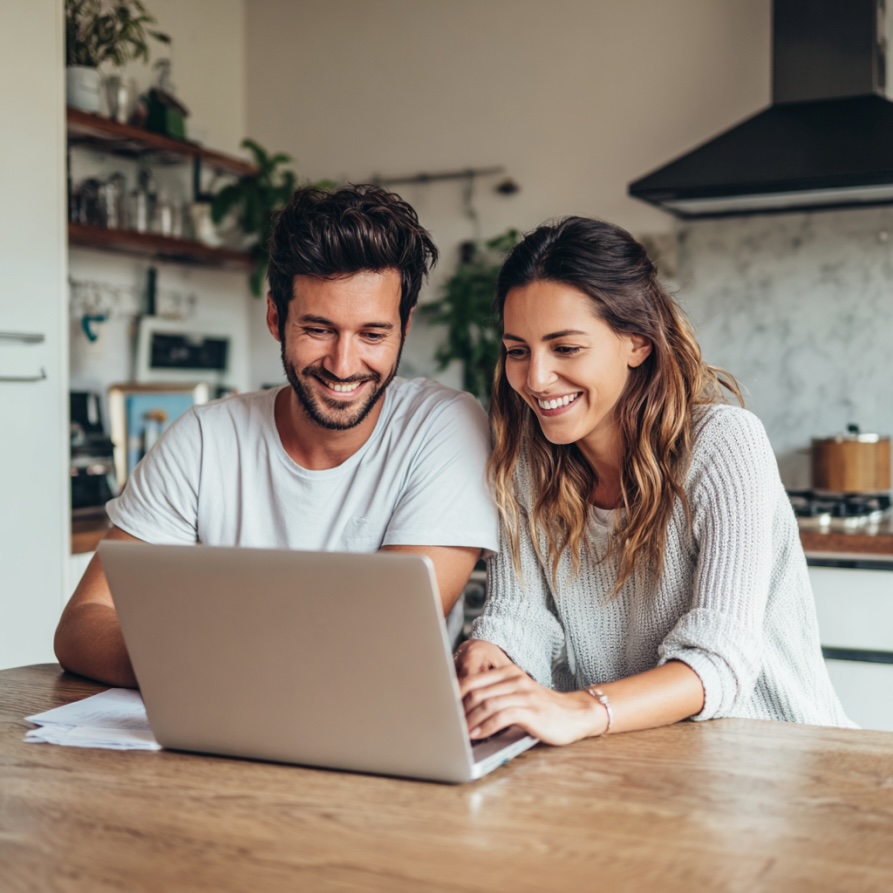 Jeune couple signant un contrat d’assurance de prêt immobilier en ligne sur un ordinateur, symbole de simplicité et de sécurité digitale
