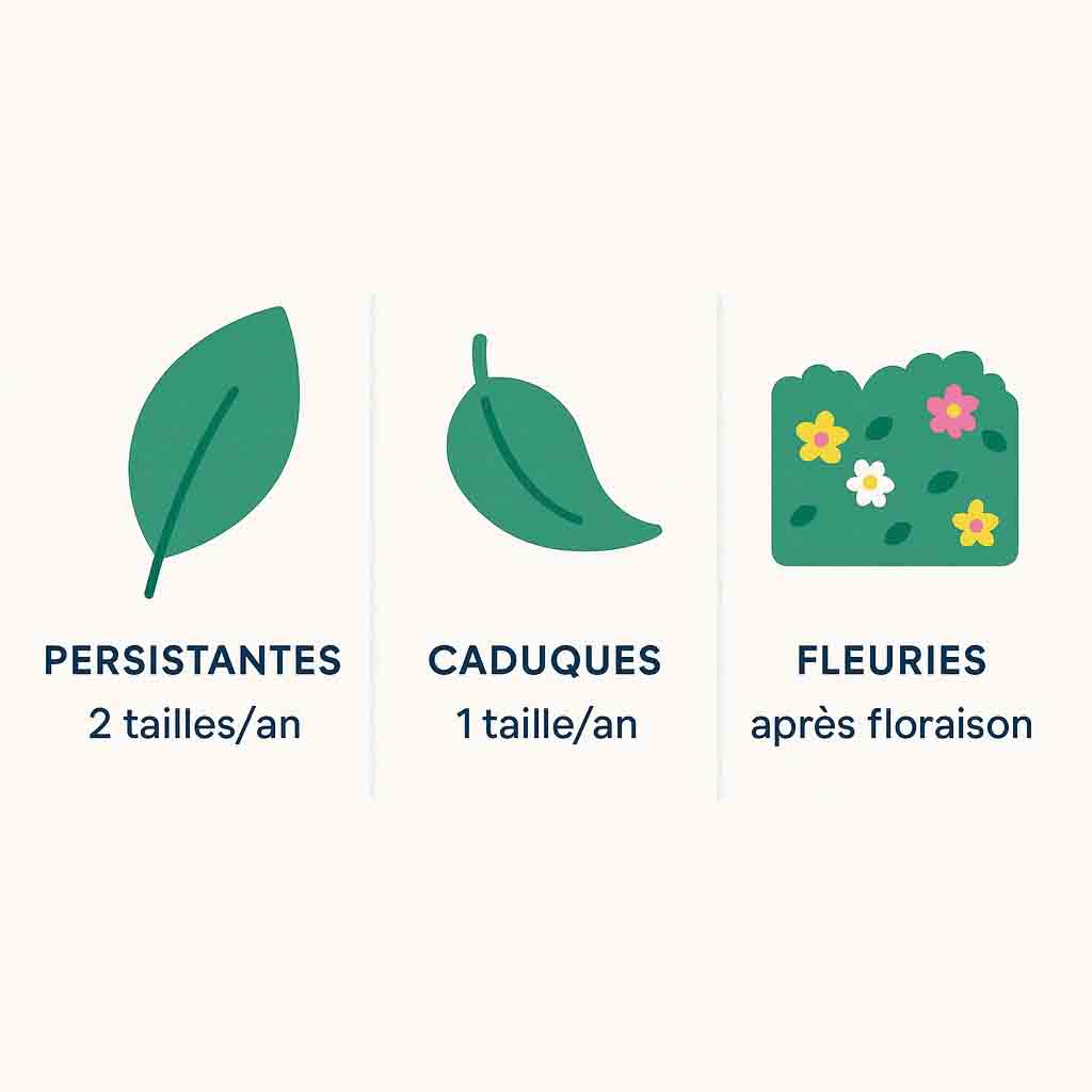 Tableau de fréquence de taille : thuya deux fois par an, hêtre une fois, haies fleuries après floraison