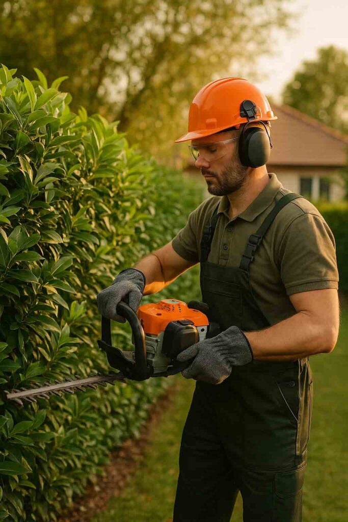 Jardinier professionnel taillant une haie de laurier avec un taille-haie thermique