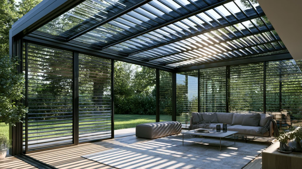 Véranda lumineuse équipée de brise-soleil orientables extérieurs pour réguler la chaleur en été